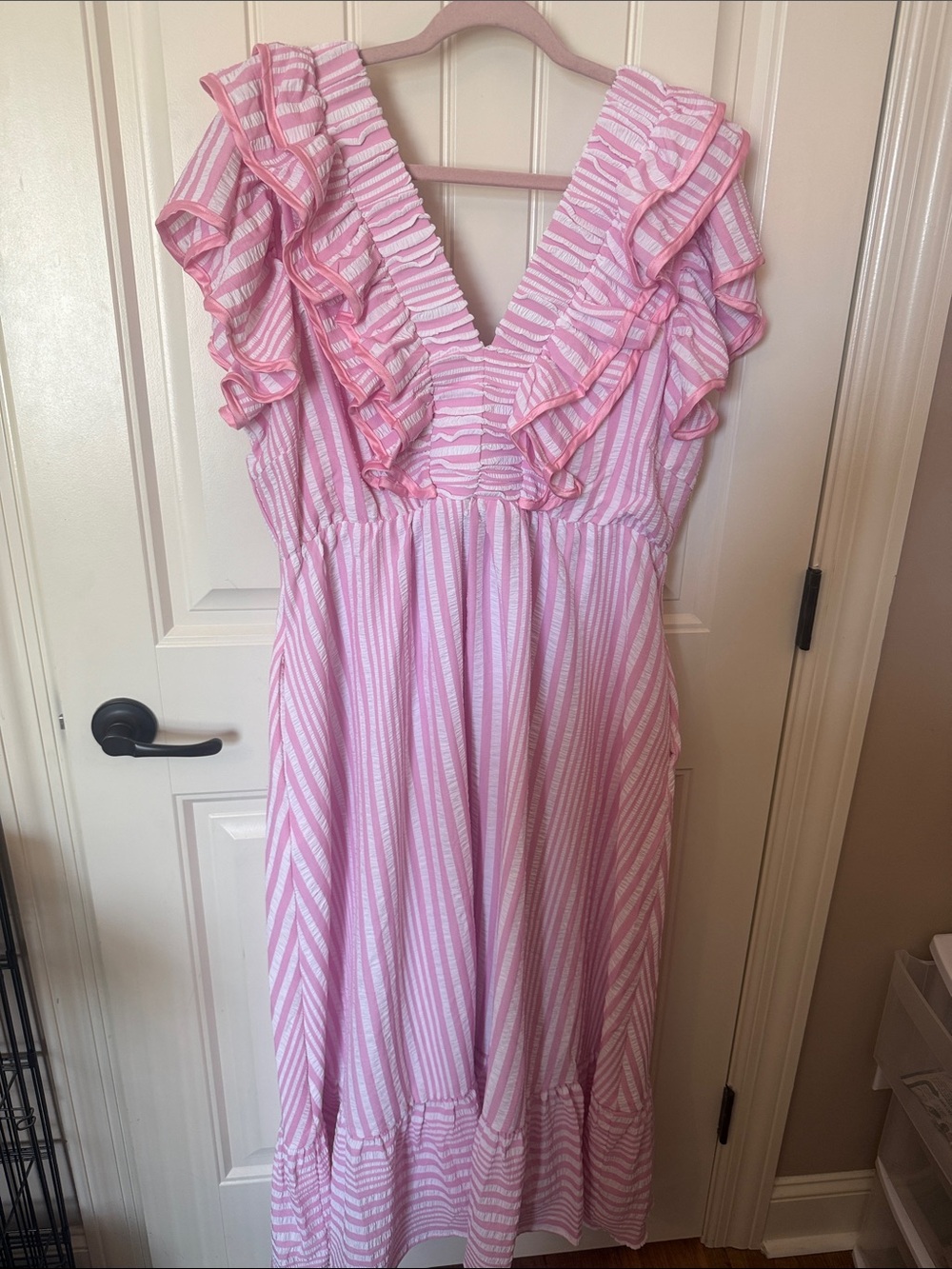Umgee Pink Striped Ruffle V-Neck Dress